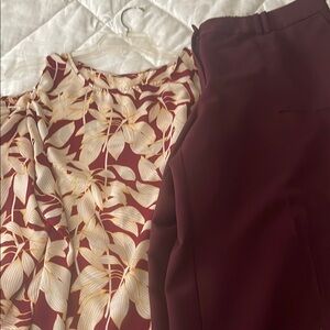 Worthington Burgundy and Cream Blouse and Pants Set